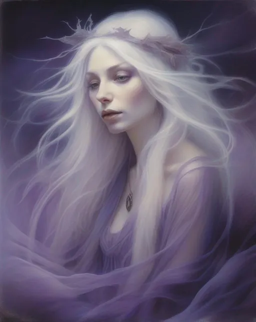 Prompt: An ethereal fantasy portrait of a pale witch with flowing white hair adorned in delicate sheer fabrics that seem to float around her. Soft focus and dreamy lighting create a magical mood. Mystical purple toned landscape background. Painted in the fantasy art style of Brian Froud.