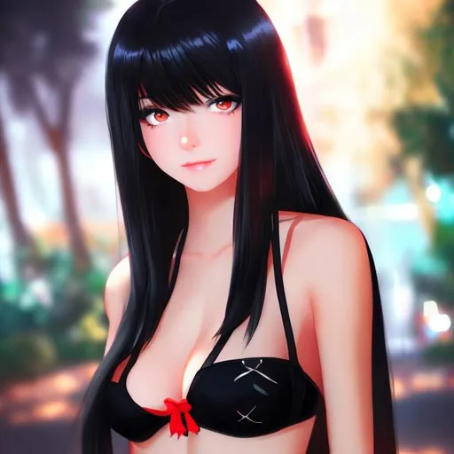 Prompt: Female with long side black hair, red eyes, in a black bikini, portrait, anime