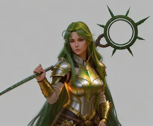 Prompt: handsome female paladin warrior with long green hair, dragonscale armor, spetum pike, tan skin, detailed forest background, dawn forestside, portrait, cinematic lighting, highly detailed, digital painting, trending on artstation, pixiv, concept art, sharp focus, illustration, art by keith parkinson