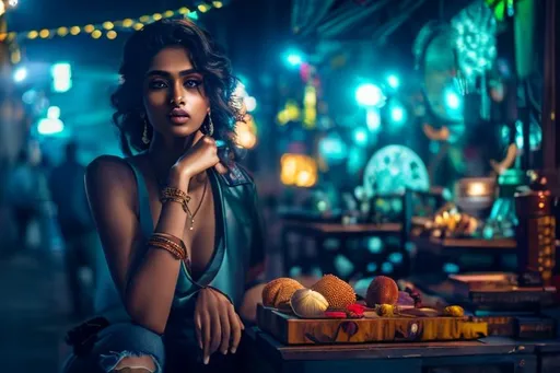 Prompt: Masterpiece, 8k resolution, full-body, dynamic lighting, hyperdetailed, intricately detailed, realistic photo, Big-Breasted beautiful North Indian woman with long brown hair, sleek face, upturned nose, big eyes, athletic body, wearing a white low-cut tank top, faded blue jeans, denim jacket, at a beach - Professional photography, bokeh, natural lighting, canon lens, shot on dslr 64 megapixels sharp focus