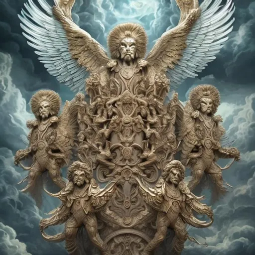 Prompt: "Create a vivid artistic representation of the cherubim as described in the book of Ezekiel. Capture the essence of these celestial beings with multiple faces (human, lion, ox, and eagle), each intricately detailed and surrounded by dynamic wings. Depict them in a posture that conveys both reverence and readiness, with their wings touching and their forms radiating a sense of divine presence. Use a blend of colors that evoke both majesty and mystery, and ensure that each face and wing is meticulously illustrated to offer a captivating portrayal of these enigmatic beings."