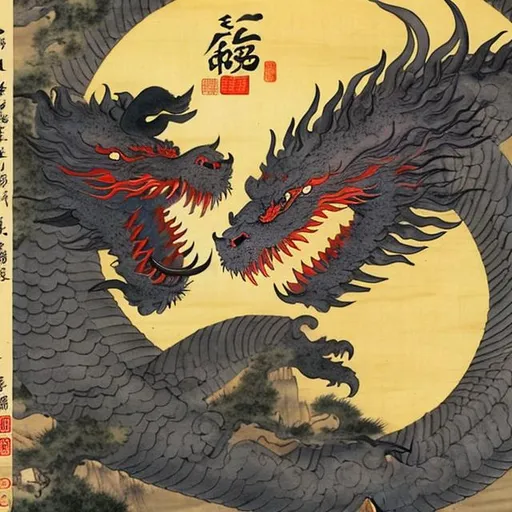 Prompt: a sun dragon fighting a moon dragon ancient chinese painting