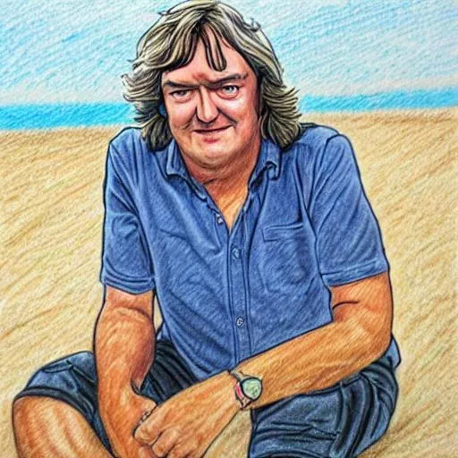 Prompt: James May  on the beach drawing