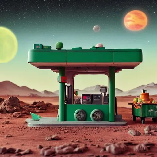 Prompt: retro gas station on mars + green wagon  + night sky + claymation