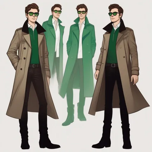 Prompt: full body shot shot of a young {man} with moderate length brown hair wearing dark brown trench jacket and white collared shirt with black pants and black boots, round glasses, green shades with emerald lenses, handsome, rpg art. Star trek art. 2d art. 2d