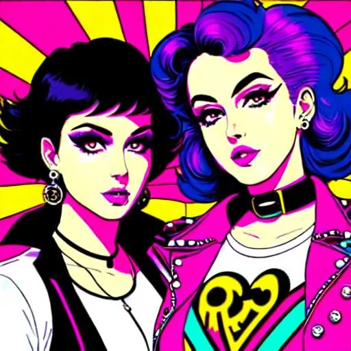 Prompt: Retro lesbian punk rock 70's vibe trippy comic style pop art goth punk fashion confident
