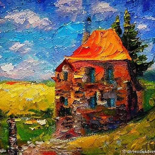 Prompt: oil painting stone house impressionism