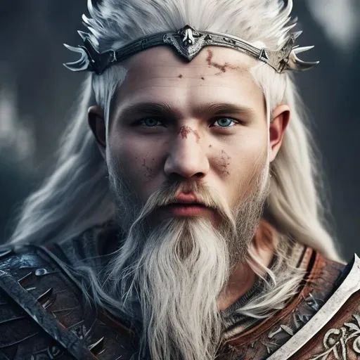Prompt: White haired Viking warrior beautiful hyper realistic face features black armor hyper detailed forehead crown