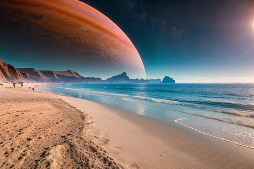 Prompt: a beach of another planet, ultra fine details, correct, bright colors, sci-fi, futuristic, UHD, 12K