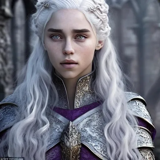 Prompt: Targaryen princes, pale skin, silver, platinum, or gold hair and eyes in a variety of shades of purple, or light blue, strikingly beautiful, dark red medieval clothes