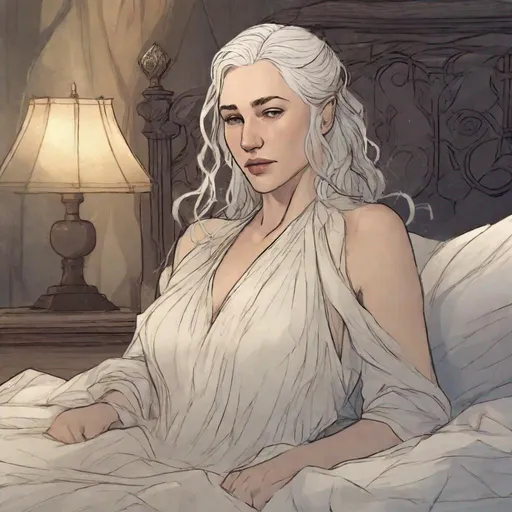 Prompt: Game of Thrones Female with shoulder-length white hair, No necklace, Lucious thicker lips, sleeping in her bed, Member of House Arryn, wearing a translucent dress, dirty hair