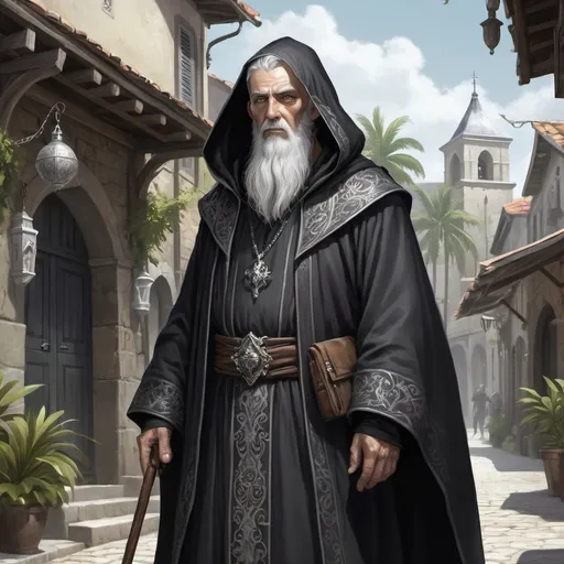 Prompt: Full body, Fantasy illustration of a male cleric, elderly, black hooded robe with silver ornaments, grey hair and beard, grim expression, oliv skin, skinny, high quality, rpg-fantasy, detailed, tropical french colonial town background