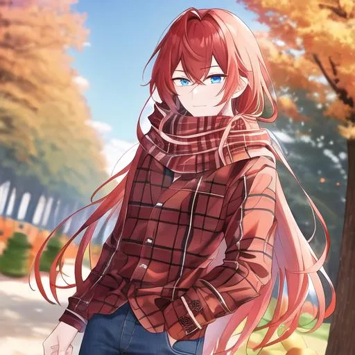 Prompt: Zerif 1male (long Red side-swept hair covering his right eye, blue eyes), highly detailed face, UHD, wearing a cozy flannel shirt and a pair of stylish jeans. In the park, fall.  wearing a scarf, looking up at the sky, in a pumpkin patch,  young adult. Handsome,  detailed, UHD, HD, 4K, highly detailed, red haze, masculine