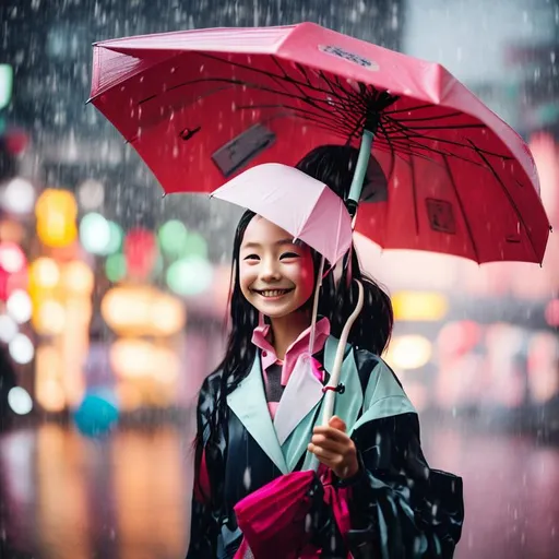 Prompt: A japanese girl holding an open re coloured umbrella on a rainy morning 