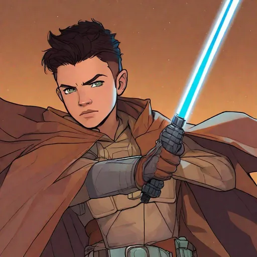 Prompt: Damian Wayne from Batman as a Jedi Knight in jedi armor. Detailed, well draw face. star wars art. star wars. 2d.  rpg art. 2d art. 2d.