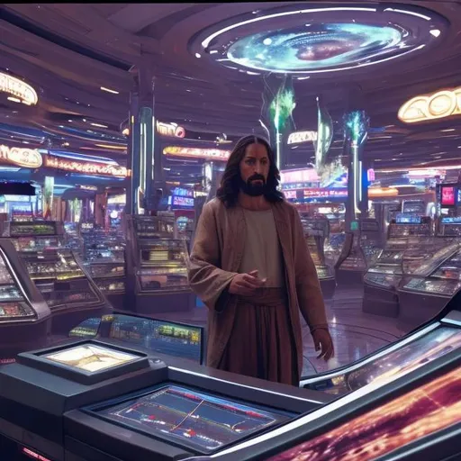 Prompt: Jesus playing Atavachron for spare change in a busy alien mall, widescreen, infinity vanishing point, galaxy background, surprise easter egg