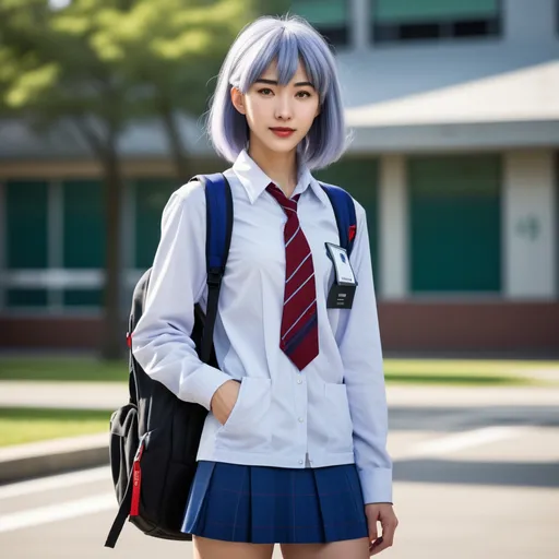 Prompt: High resolution Realistic photo image of an Asian age:18 rei ayanami  anime character from “neon genesis evangelion“, full body view in school clothes, highly detailed facial features and expression, dynamically posed with school bag, school background from the show.