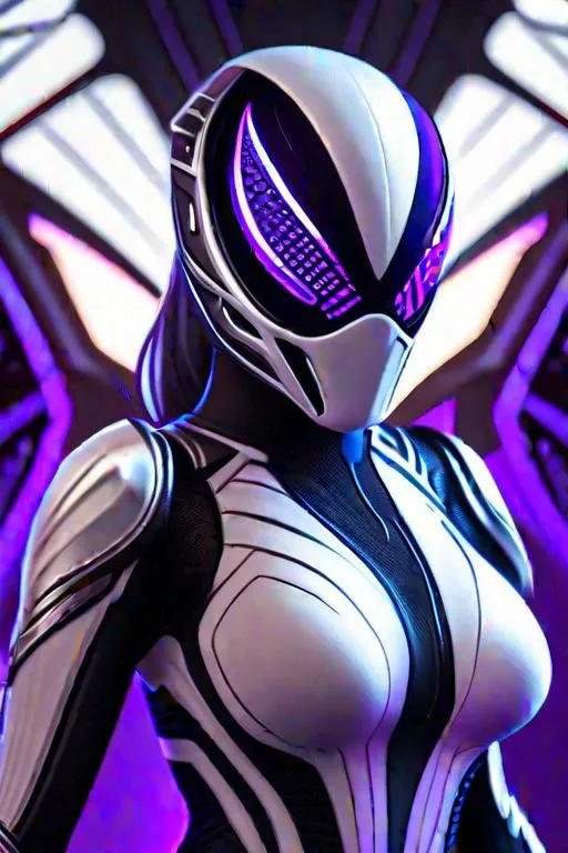 Prompt: Spider-Gwen wear xenomorph armor suit, wear new mask white and violet metal mask with glow eyes, finely detailed armor, intricate design, silver, silk, cinematic lighting, 4k, perfect composition, beautiful detailed intricate insanely detailed octane render trending on artstation, 8 k artistic photography, photorealistic concept art, soft natural volumetric cinematic perfect light, chiaroscuro, award - winning photograph, masterpiece, oil on canvas, raphael, caravaggio, greg rutkowski, beeple, beksinski, giger