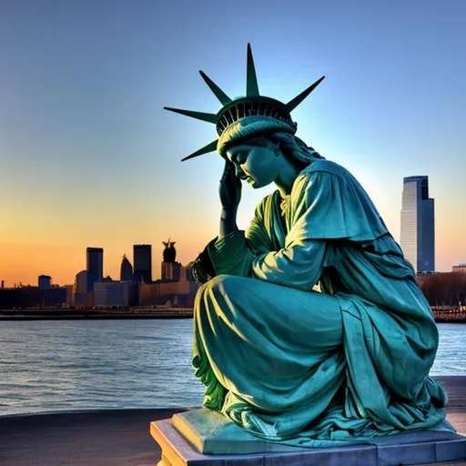 Prompt: statue of Liberty kneels to pray