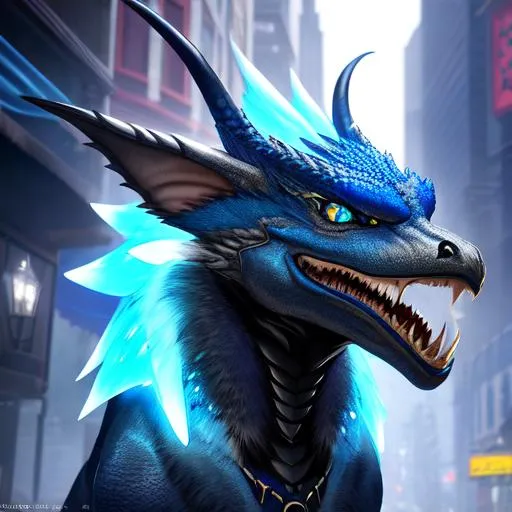 Prompt: Portrait of an anthro wyvern with striking blue fur and iridescent black markings and a cute face, liminal space streets, perfect composition, hyperrealistic, super detailed, 8k, high quality, trending art, trending on artstation, sharp focus, studio photo, intricate details, highly detailed, by greg rutkowski