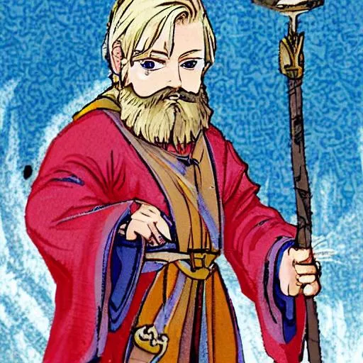 Prompt: Blonde mage with beard and blue clothes with staff