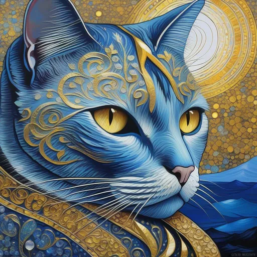 Prompt: (Van Gogh art), beautiful {blue cat}, with {silver eyes}, white chest, presenting magical jewel, looking at viewer, three tails, layers of golden mountain silhouettes, enchanted golden crystal lake, fantasy, enchanted, intricate facial detail, twilight, highly detailed, golden jewel on forehead, beautifully detailed shading, scenic, complementary colors, golden ratio, character concept, artstation, perfect composition, beautiful proportions