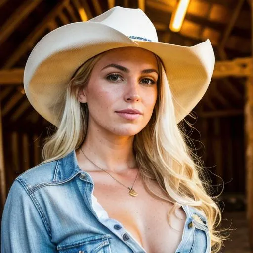 Prompt: {Full Budy},dreamy portrait of a Gold hair with white highlights, ((female Cowgirl wearing cowboy Hat posing sexy)) in a barn with ((sharp symmetrical eyes:1.5)), upper body visible, ultra realistic Face, highly detailed, hd, sharp focus, cinematic lighting, mood lighting, realistic, photorealistic, vivid colors, photograph, digital art, non blurry, sharp, artstation, concept art, smooth, illustration