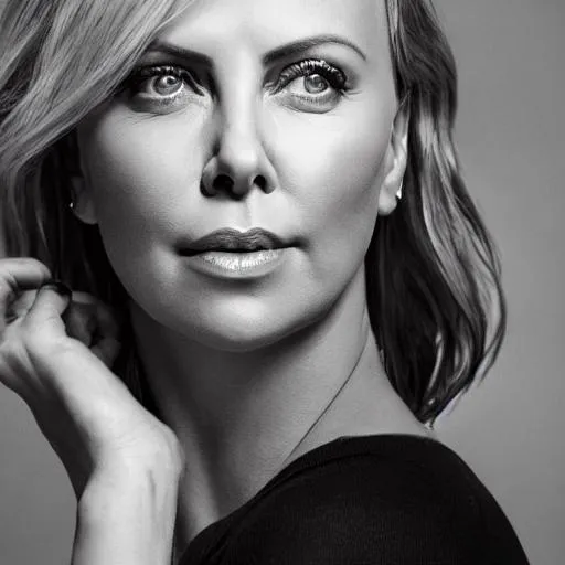 Prompt: photo realistic portrait of {Charlize Theron}, centered in frame, facing camera, symmetrical face, ideal human, 85mm lens,f8, photography, ultra details, natural light, light background, photo, Studio lighting