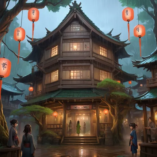 Prompt: Fantasy themed tavern, Faraway Inn, massive building part of living tree, eldritch lanterns, raining, welcoming atmosphere, signboard with ancient Japanese runes, "Welcome to the Faraway Inn", gorgeous anime style woman, woman is center of image, woman is drawn closeup in great detail