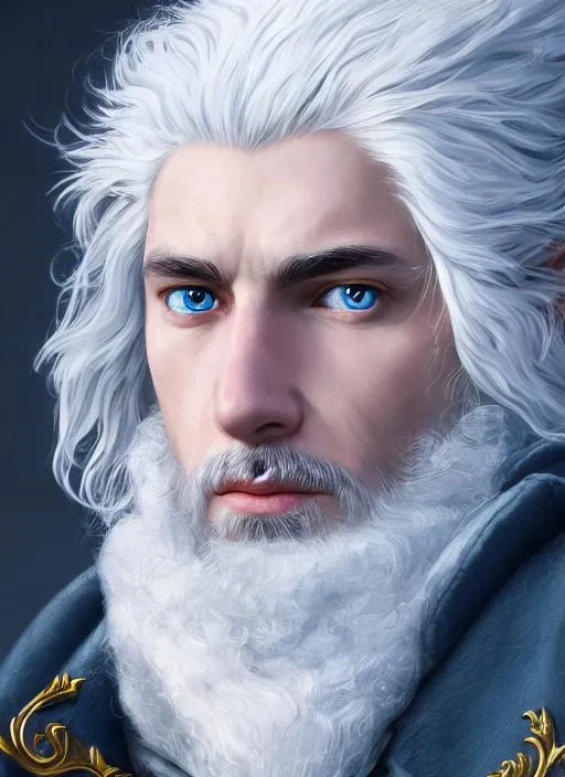 Prompt: Portrait of the king of winter with white hair and blue eyes, wearing an 18th century jacket, perfect composition, hyperrealistic, super detailed, 8k, high quality, trending art, trending on artstation, sharp focus, studio photo, intricate details, highly detailed,