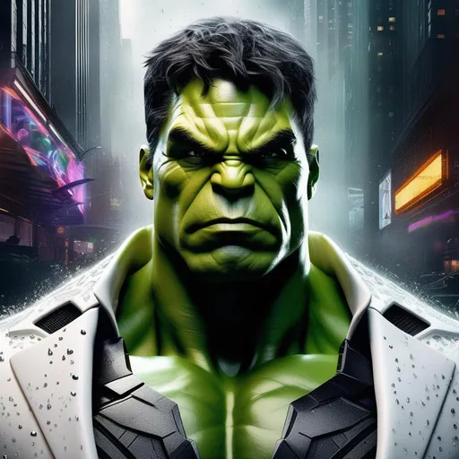 Prompt:  dual identities: Design a striking portrait featuring the Hulk adorned in a cybernetic white suit reminiscent of the Dark Knight, set against an urban rain-soaked scene that emphasizes the fusion of these iconic characters, invoking a sense of dark heroism. 