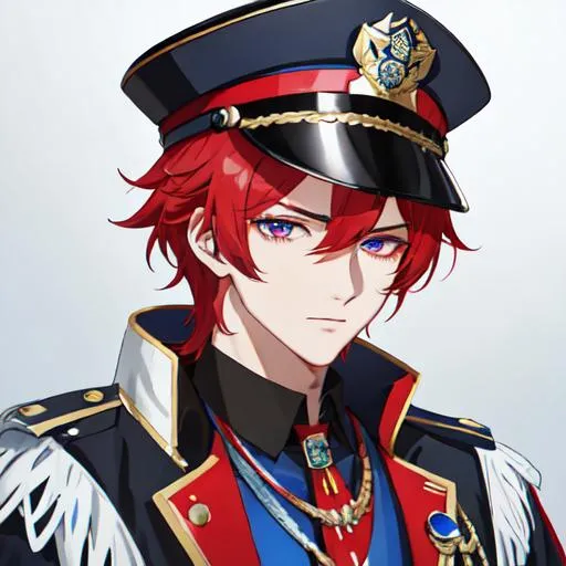 Prompt: Zerif 1male as a male police officer (Red side-swept hair covering his right eye)UHD, 8K, Highly detailed, insane detail, best quality, high quality, wearing a blue male police uniform, anime style, tilting his hat