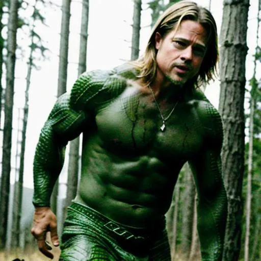 Prompt: Brad Pitt has the body of a monster lizard, green reptile skin, snake skin, bloody, roaring, angry, full body, standing above the wild forest