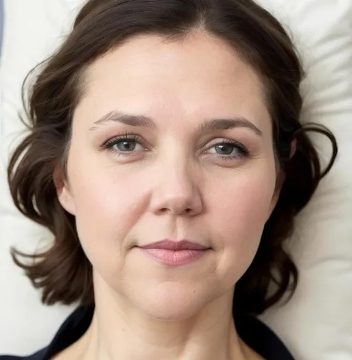Prompt: Mature maggie gyllenhaal, pale white skin, light makeup, raw photo, HD, realistic, lots of forehead lines, beautiful, perfect eyes, looking directly at me, head resting on pillow, no background other than the pillow, flirty face, direct eye contact, dark eye circles, depressed eye, pretty hair bun, tantra love, maid head band