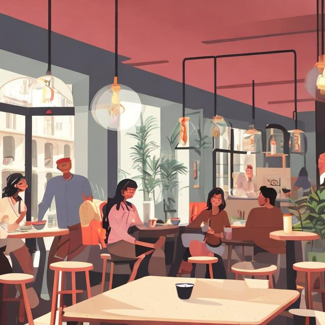Modern coffee shop scene with young people chatting modern interior design natural lighting cozy 