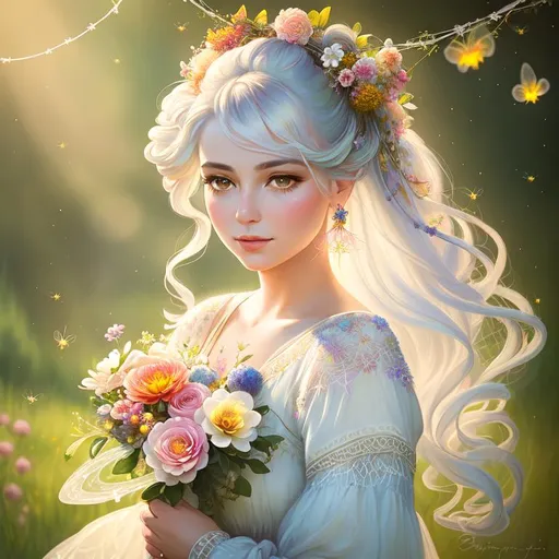 Prompt: portrait painting of a beautiful girl, style of fragonard and Yoshitaka Amano (white hair decorated with flowers, messy), ropes, brigfht, daytime, ((daytime meadow background with light shafts)), bioluminescent, (wearing intricate frock), vines, delicate, bright colors, soft, fireflies, (((spiders, spider webs, webs))), silk, threads, ethereal, luminous, glowing, dark contrast, celestial, ribbons, trails of light, 3D lighting, soft light, vaporwave