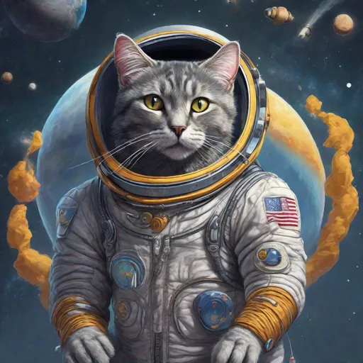 Prompt: Brilliant Striking concept art of a gray cat in a space suit with the name "Ricky" sewn into it. Floating through space holding a stick of butter. Exquisite Detail Everything is perfectly to scale, HD, UHD, 8k Resolution, Vibrant Colorful Award winning 