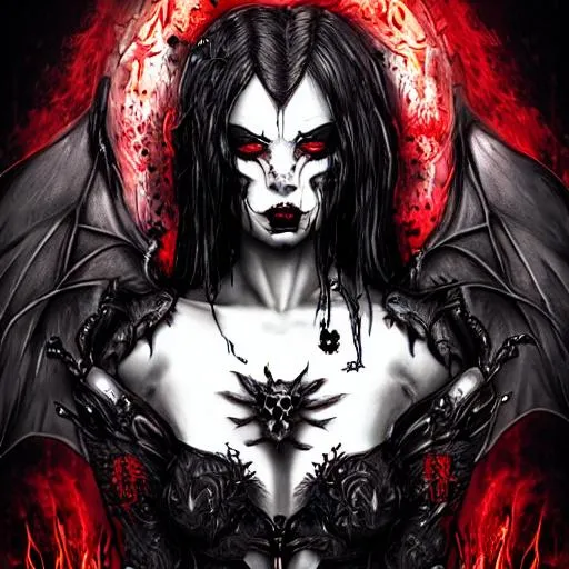 Prompt: dark demon goddess anger, bloods everywhere, gothic, surrounded by bats, high detail portrait texture emotion
