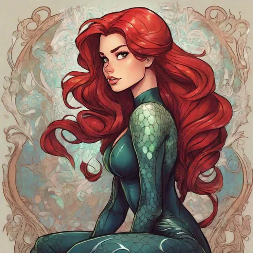Prompt: Vivid, detailed, Disney art style, full body, Ariel Disney Princess, Hair part on left side, Marvel Black Widow