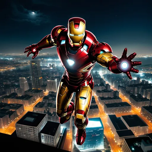 Prompt: Iron Man flying over a cityscape at night.