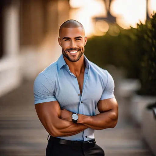 Prompt: Professional full-body  photoshoot of a beautiful, attractive and tan man with a buzz cut, wearing a short-sleeve button-up shirt, dark pants, hyperdetailed {symmetrical eyes}, {defined shredded musculature, broad shoulders}, sultry smile, center frame, diffused light, intricate detail, best quality, uhd, 8k, symmetry  