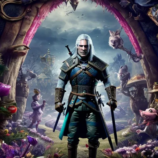 Prompt: Geralt of rivia but he's in Alice in wonderland. 4k. Highly detailed face. Human face. Ultra colourful background. Strange beings and flowers in the background.