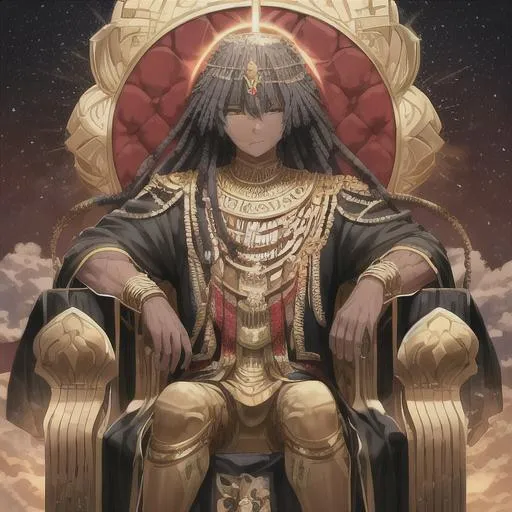 Prompt: A handsome black african sitting on a throne, clouds beneath his feet, gold is his wearing, dark and beautiful he is, bright and glorious he appears, he a god among man.