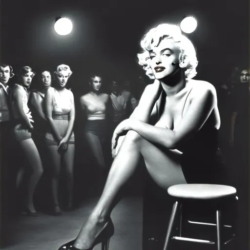 Prompt: Marilyn Monroe sitting on a stool alone in a big scenario with a spot light surrounded by a lot of people looking at her in the dark