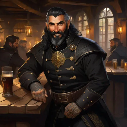 Prompt: Fantasy portrait of a friendly, smiling, middle-aged inquisitor in black uniform, rough, rugged, with a mane of black hair, pallid skin, thick beard, gold specks in eyes, and bold tattoos, wearing a black inquisitor uniform, with a scarred and wrinkled face, broken nose and scars, in a tavern setting, detailed, highres, fantasy, rugged, smiling, intense gaze, detailed facial features, dark and mysterious, atmospheric lighting