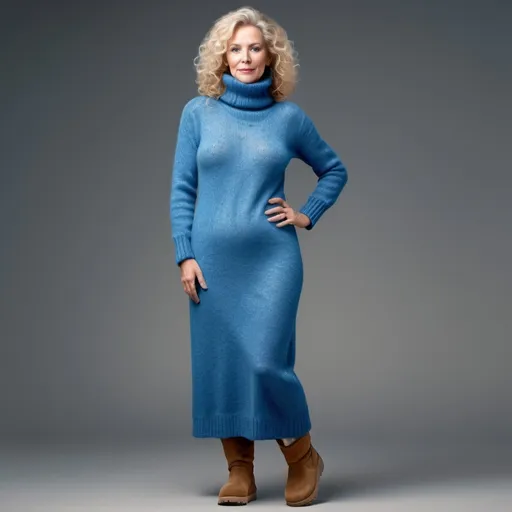 Prompt: photorealistic image of a slim european mature lady with curly blond hair wearing a floorlong blue t-neck very thick mohair sweaterdress  underlining here curves and ugg boots