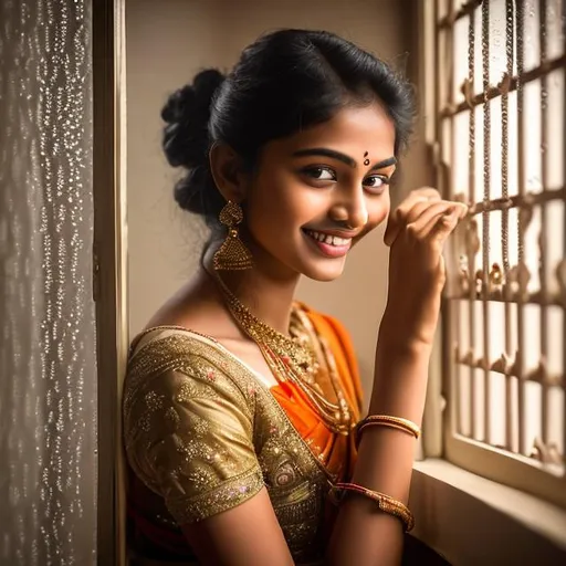 Prompt: In this captivating image, we see a stunning young Indian woman standing by a window in a room, her gaze fixed on the mesmerizing rainfall outside. Her radiant smile illuminates the room, reflecting her genuine delight and contentment in the moment. With her fair complexion resembling porcelain, she emanates an exquisite blend of Indian heritage and a unique charm.

Her curly hair cascades gracefully around her shoulders, adding a touch of whimsy to her already captivating presence. The natural texture of her hair perfectly complements her enchanting features, framing her face with effortless elegance.

At the center of the scene, the young woman holds a steaming cup of coffee, cradling it gently in her hands. The warmth from the cup serves as a comforting companion, echoing the coziness of the room as she takes in the soothing rhythm of the raindrops.

At just 22 years old, she embodies the vitality and exuberance of youth. Her youthful energy is juxtaposed with a sense of tranquility, suggesting a profound appreciation for the simple pleasures in life.

Overall, this art image captures a timeless and serene moment. It portrays a beautiful Indian woman with white skin texture, indulging in the serene dance of raindrops, while savoring the company of a steaming cup of coffee.