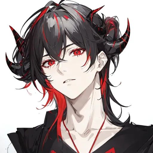 Prompt: Zerif 1male (Red side-swept hair covering his right eye). demon horns