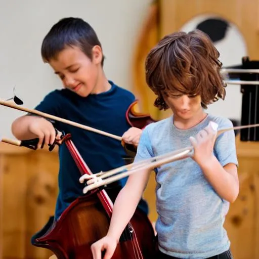 Prompt: child learning to play double bass