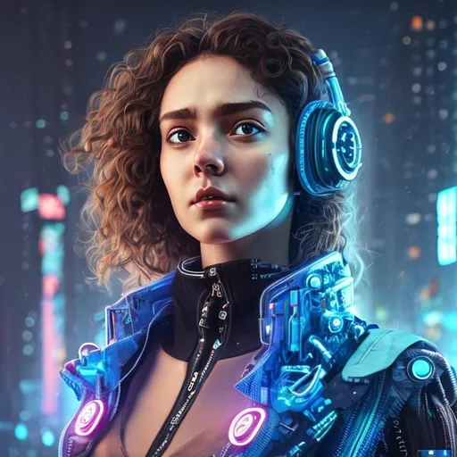 Prompt: beautiful female, brown curly hair. blue eyes. cyberpunk outfit. smooth skin. realistic. detailled. blue suit. 8k. portret. torso view. 
